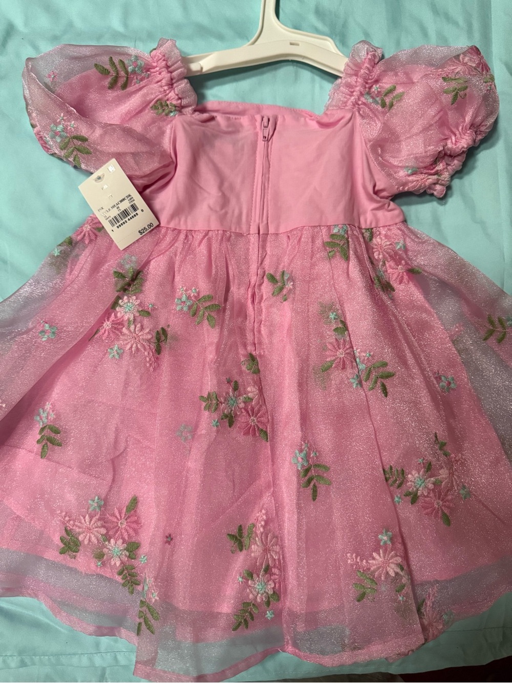Pink Floral Puff Sleeve Tulle Dress